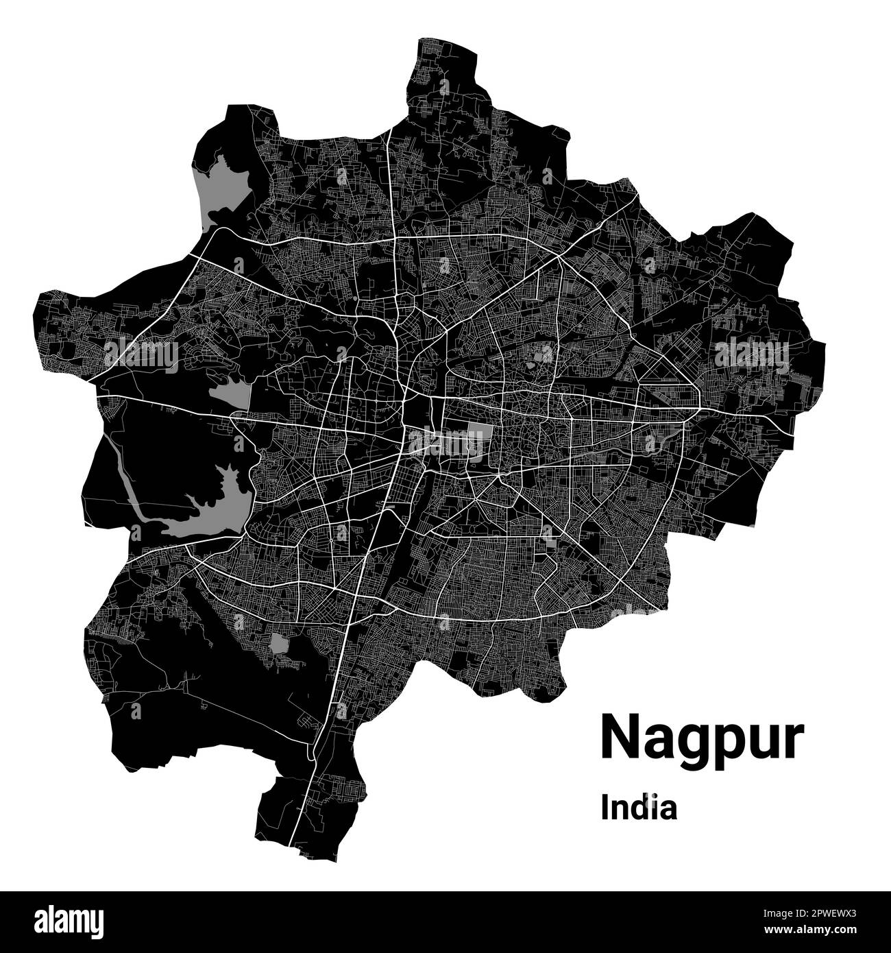Nagpur-Karte. Detaillierte Vektorkarte des Verwaltungsgebiets der Stadt Nagpur. Stadtbild-Poster mit Blick auf die Metropolitane Aria. Schwarzes Land mit weißen Straßen und Straßen. Stock Vektor