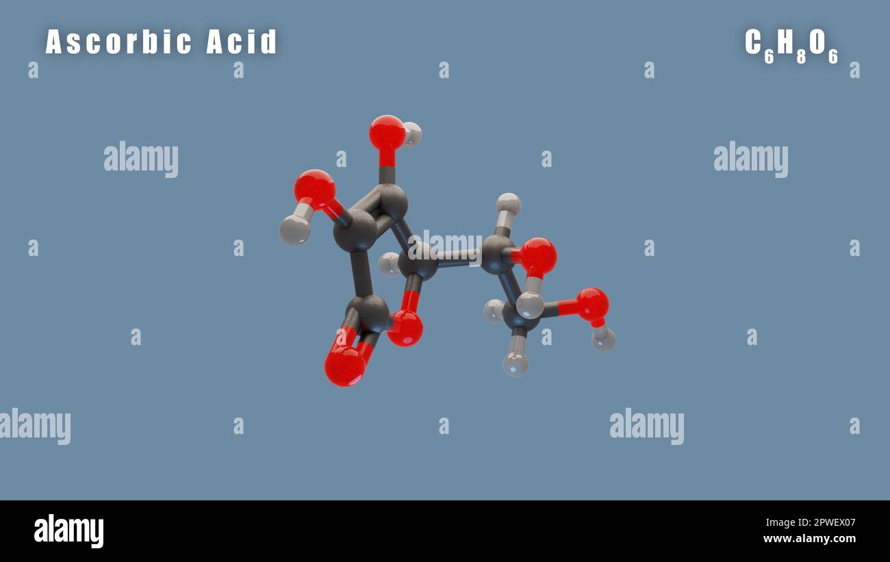 Ascorbinsäuremolekül von C6H8O6 3D Conformer Rendering. Lebensmittelzusatzstoff E300 Stockfoto