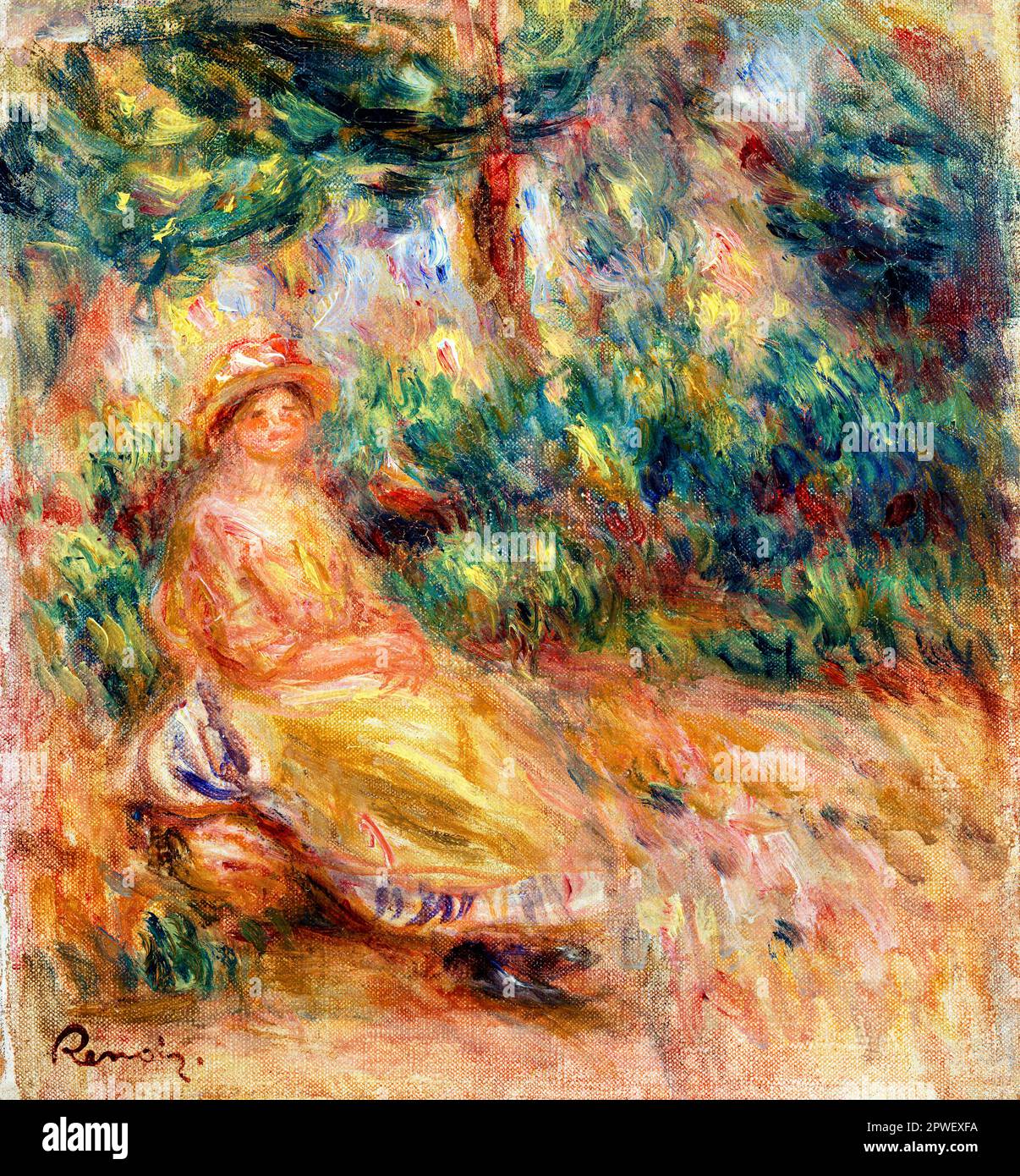 Frau in Rosa und Gelb in einer Landschaft von Pierre-Auguste Renoir. Original von der Barnes Foundation. Stockfoto