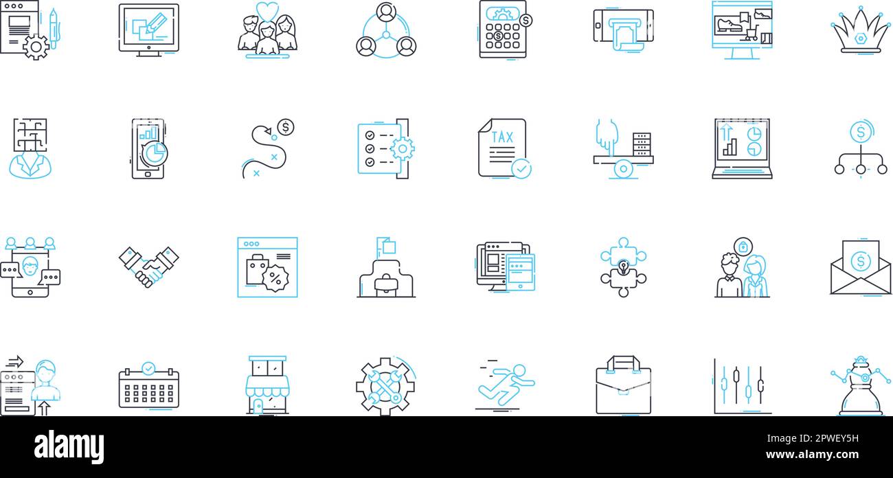 Tauschen Sie lineare Symbolsätze aus. Commerce, Exchange, Market, Barter, Import, Export, Warenlinienvektor und Konzeptzeichen. Verhandlung, Investition, Tarif Stock Vektor