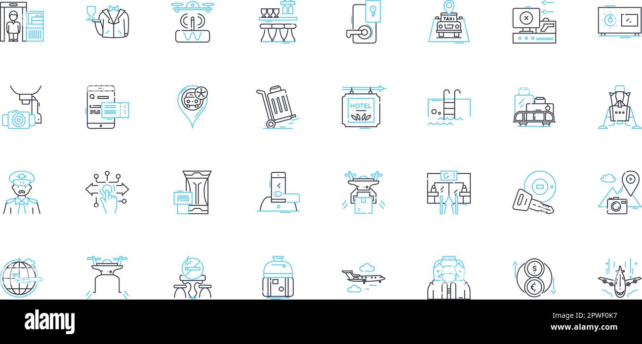 Lineare Symbole für Unterkunft festgelegt. Unterkunft, Gastfamilie, Hostel, Lodge, Inn, Boutique, Resort Line Vektor- und Konzeptschilder. Gästehaus, Motel, Unterkunft Stock Vektor