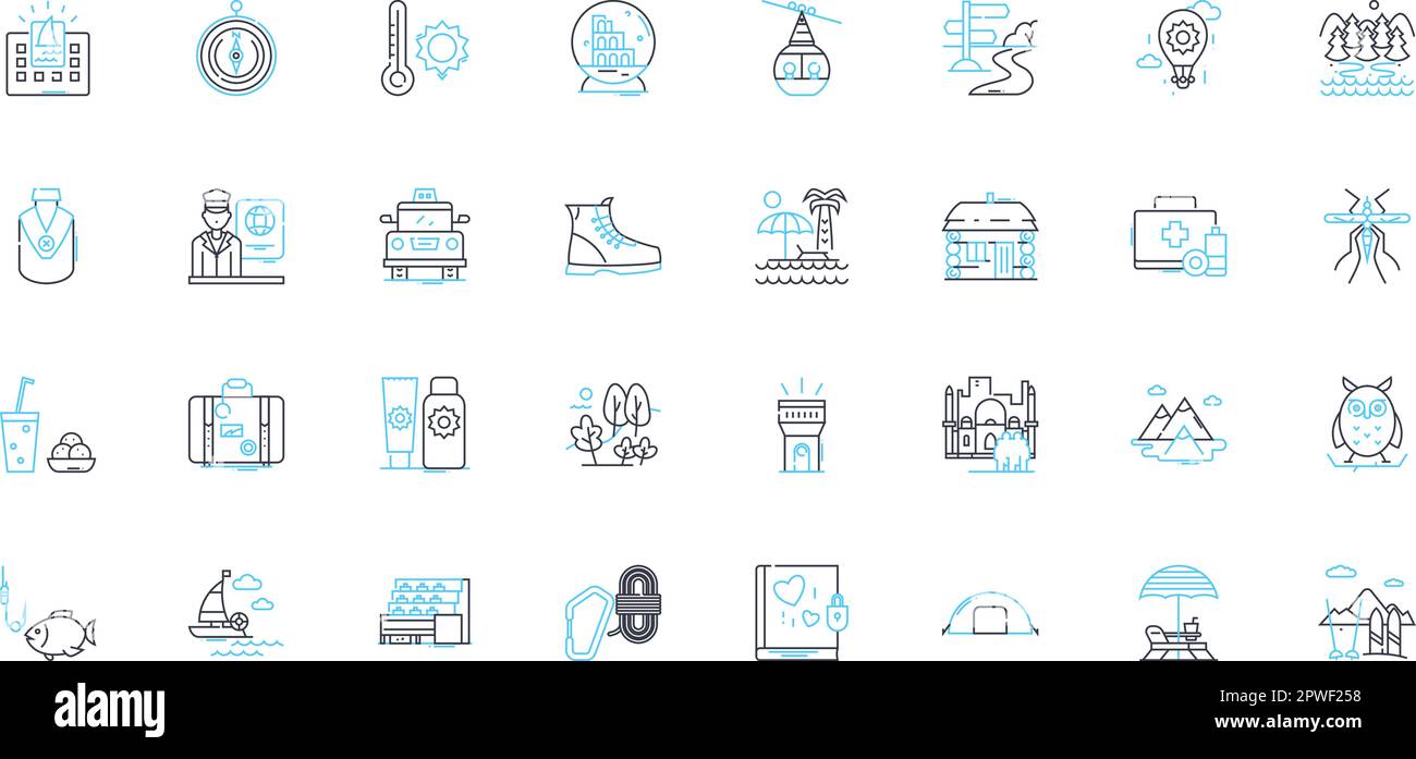 Tourismus - Lineare Symbole gesetzt. Abenteuer, Landschaft, Entspannung, Kultur, Kulturerbe, Hospitality, Wanderlust Line Vector und Concept Signs. Attraktionen, Feinschmecker Stock Vektor