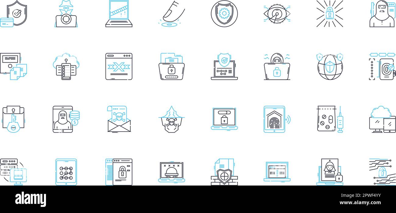 Lineare Symbole für Datensicherheit festgelegt. Verschlüsselung, Firewall, Malware, Cybersicherheit, Authentifizierung, Autorisierung, Eindringungslinienvektor und Konzeptzeichen Stock Vektor