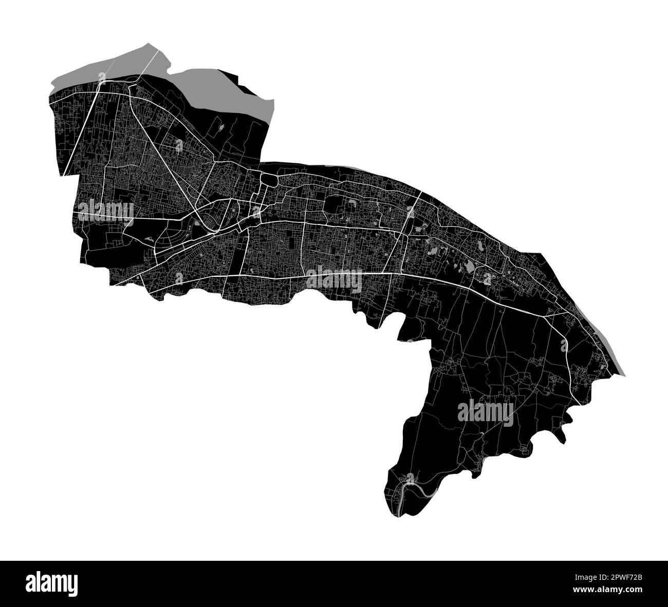 Patna-Karte. Detaillierte Vektorkarte des Verwaltungsgebiets der Stadt Patna. Stadtbild-Poster mit Blick auf die Metropolitane Aria. Schwarzes Land mit weißen Straßen und Straßen. Wh Stock Vektor