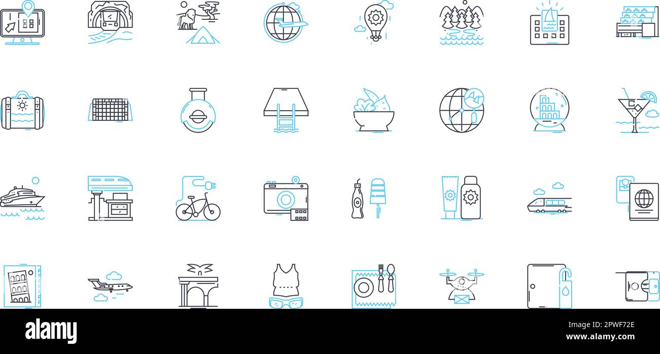 Lineare Symbole für Freizeitreisen festgelegt. Urlaub, Abenteuer, Entspannung, Erkundungen, Flucht, Fluchtweg, Excursion Line-Vektor und Konzeptschilder. Kreuzfahrt Stock Vektor