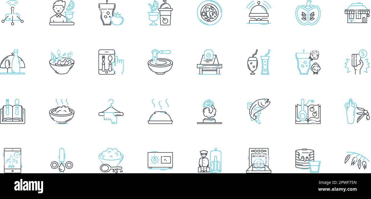 Restaurant Küche lineare Ikonen gesetzt. Italienisch, Chinesisch, Mexikanisch, Französisch, Indisch, Mediterrane, thailändische Linienvektor- und Konzeptzeichen. Japanisch, Koreanisch Stock Vektor