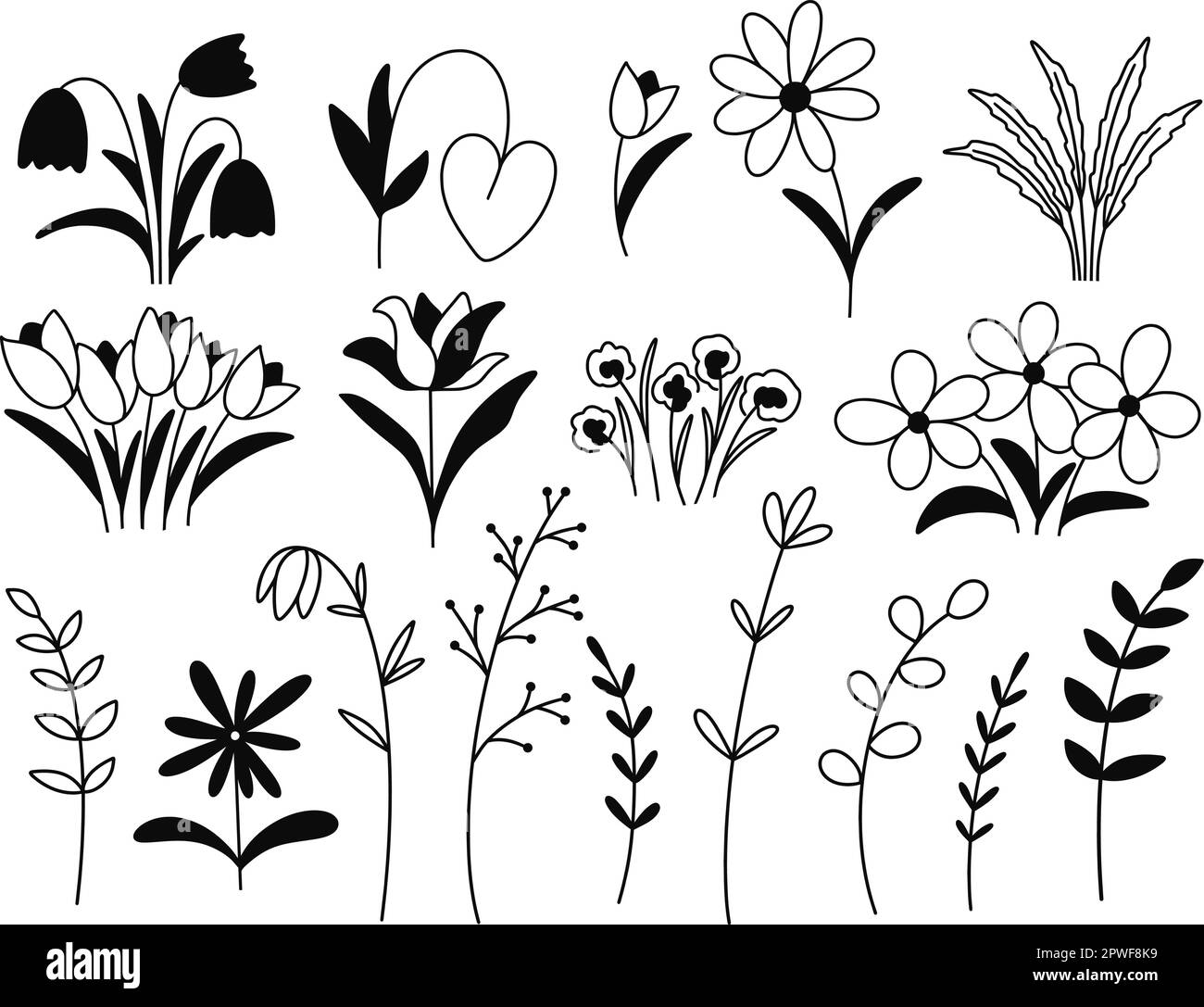 Blumen und Kräuter, Tintenset Stock Vektor