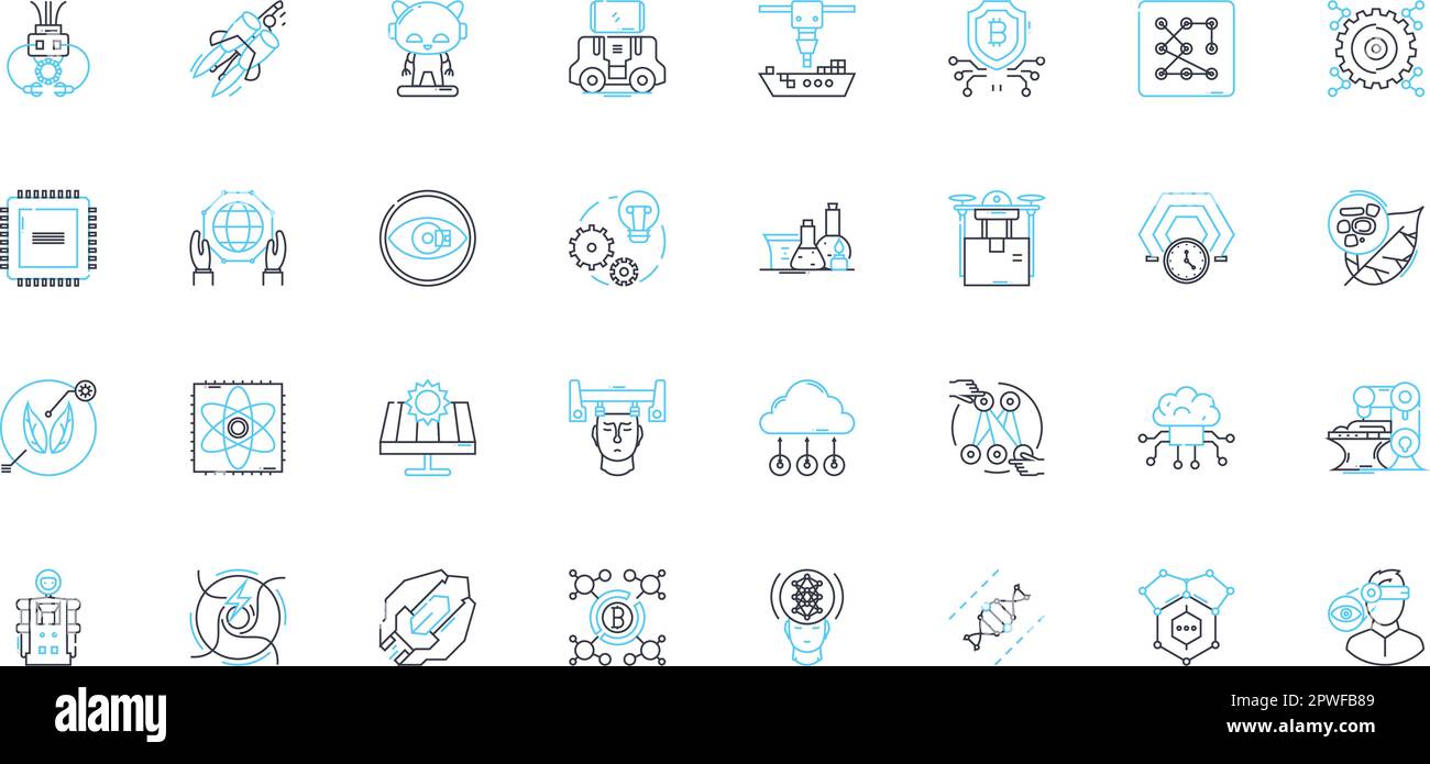 Technologie für maschinelles Lernen, lineare Symbole gesetzt. Algorithmen, Vorhersagen, Daten, Automatisierung, Neuronale, Optimierung, Intelligenzlinienvektor und Konzept Stock Vektor