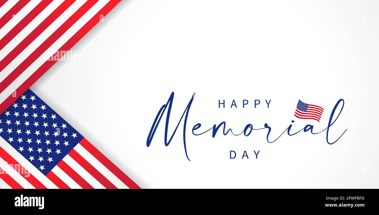 Weißes Poster „Happy Memorial Day Holiday in USA“. Kalligrafie und Flaggen USA für Grußkartendesign am Happy Memorial Day. Vektordarstellung Stock Vektor