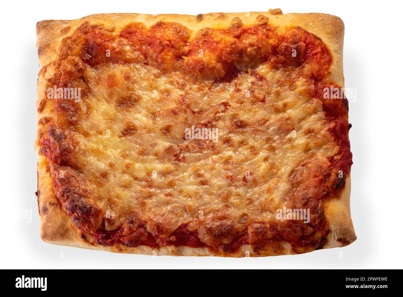 Quadratische Pizza mit Tomaten und Käse im Draufsicht isoliert auf Weiß mit Schneideweg Stockfoto