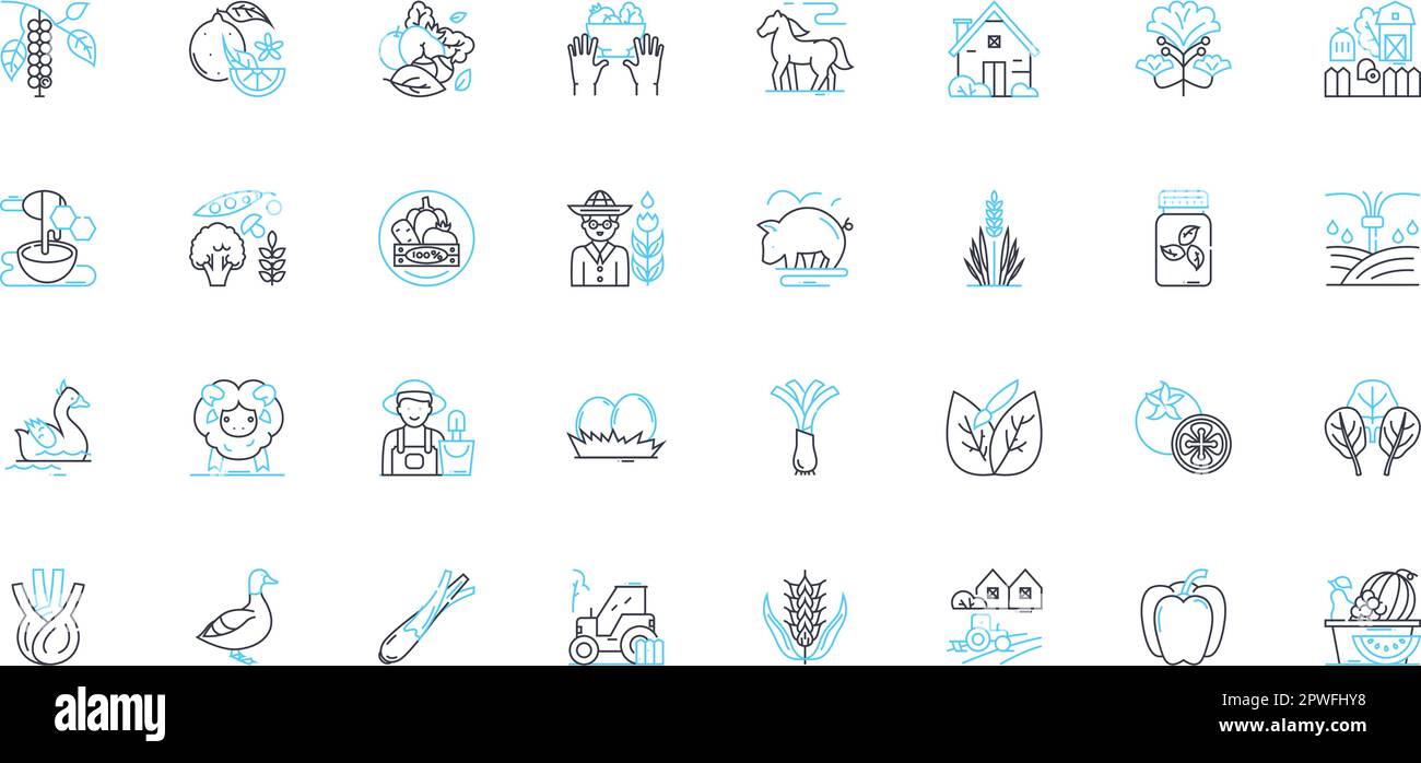 Agroecology Farming lineare Symbole gesetzt. Nachhaltigkeit, Vielfalt, Boden, Permakultur, Regeneration, Ökosystem, Organic Line Vector und Concept Signs Stock Vektor