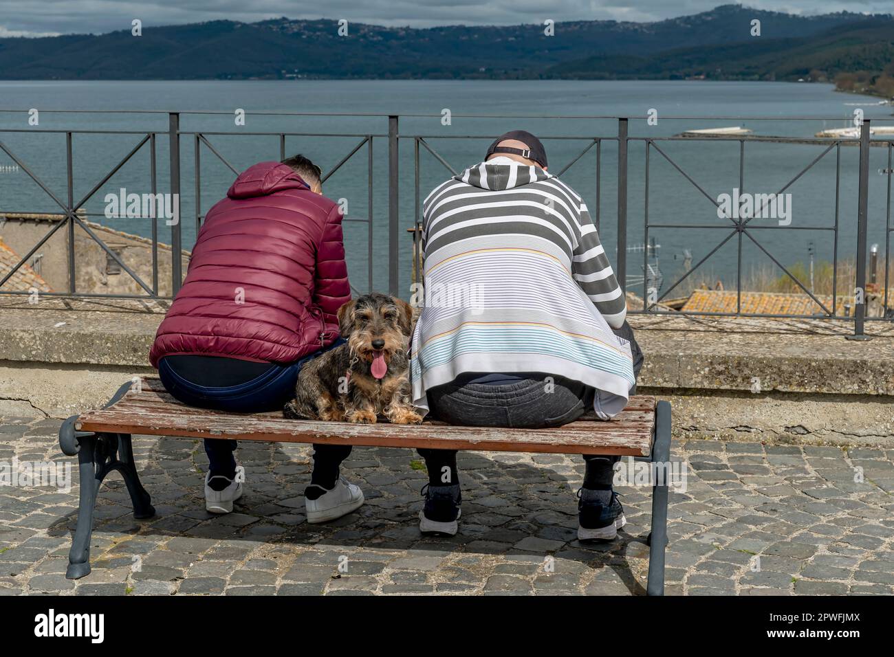 Zwei Männer mit einem Hund sitzen auf einer Bank mit Blick auf den Bolsenasee in Marta, Italien, und schauen auf ihre Smartphones Stockfoto