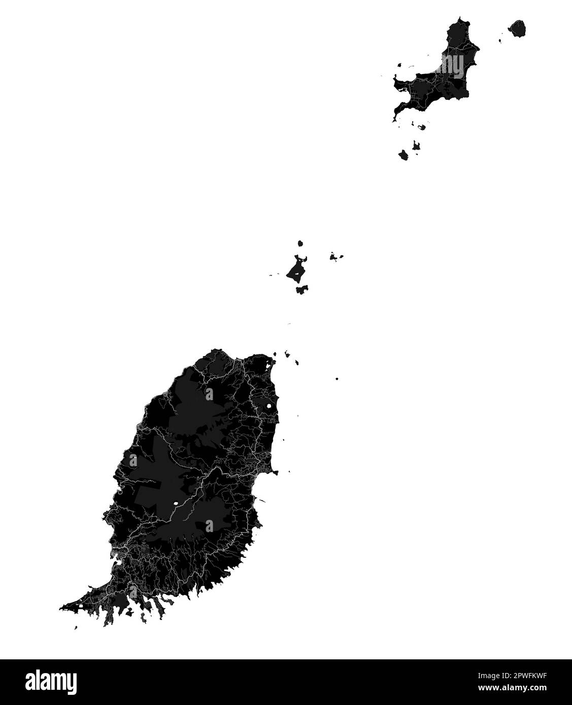 Karte von schwarzem Grenada, karibisches Inselland. Detaillierte Karte mit Verwaltungsgrenze, Küste, Meer und Wäldern, Städten und Straßen. Stock Vektor