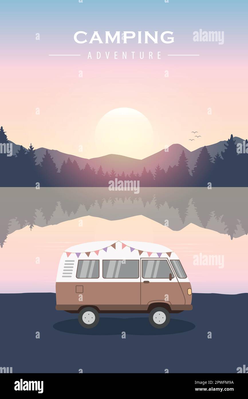 Camping-Abenteuer Sommerurlaub mit Wohnmobil am See Stock Vektor