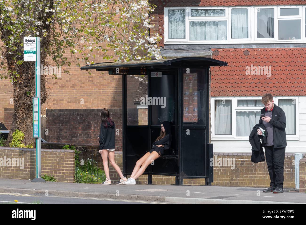 Leute, die an einer Bushaltestelle warten, darunter ein junger Mann und zwei Teenager-Mädchen, Surrey, England, Großbritannien. Alltag, öffentliche Verkehrsmittel, 2023 Stockfoto