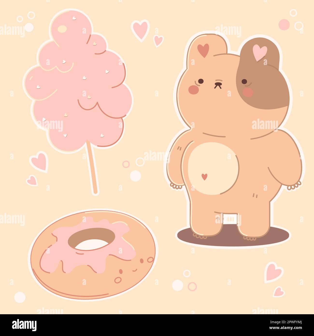 Süßer Aufkleber in Pastellfarben auf beigefarbenem Hintergrund. Kawaii-Bär, Donut, Zuckerwatte. Kindergrafik. Vektorabbildung. Stock Vektor