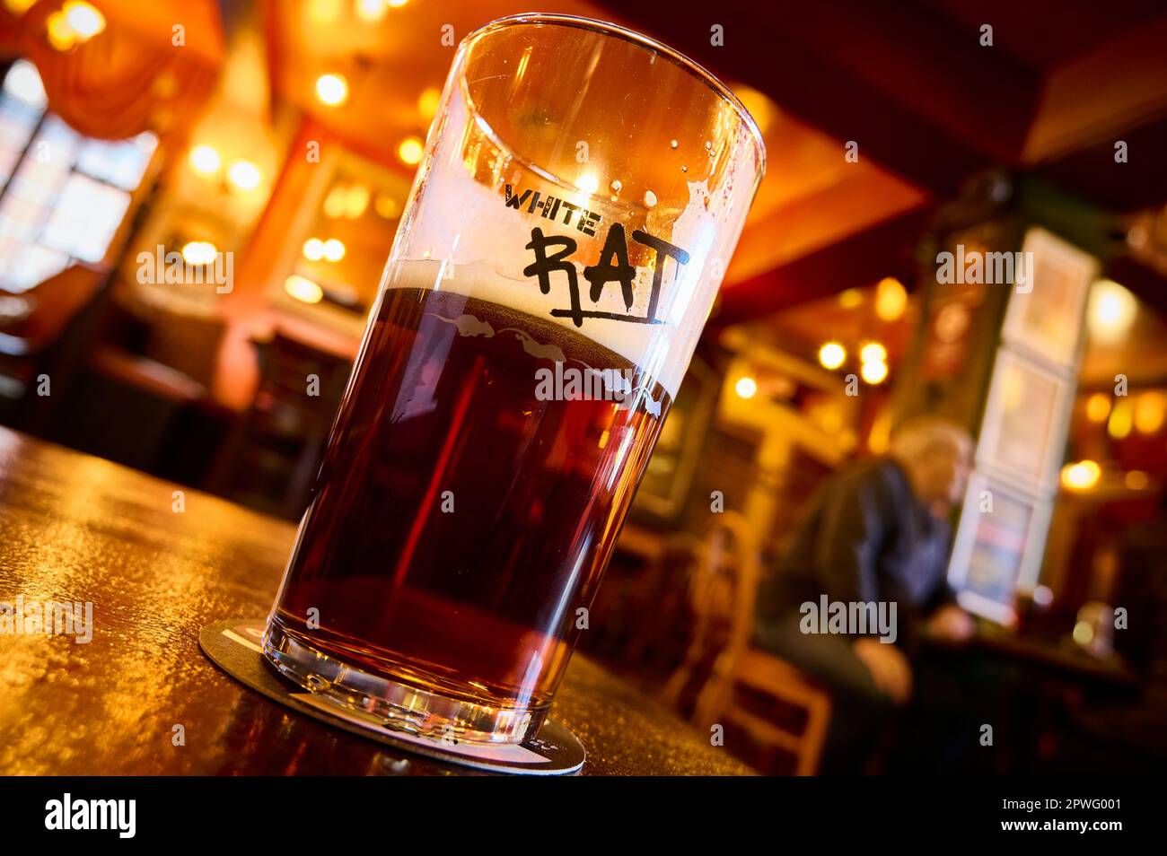Ein Glas Bier auf dem Tisch in der Bar, das von warmem künstlichem Licht beleuchtet wird Stockfoto