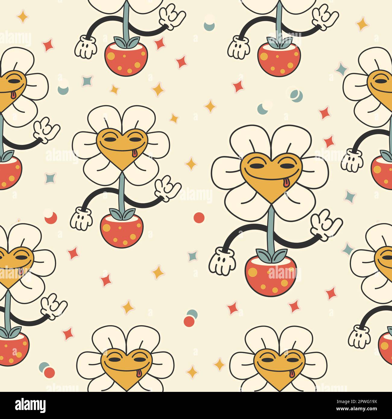 Nahtloses Muster im trendigen Retro-Groovy-Stil, Y2K mit Cartoon-Figuren. Vektor süße Gänseblümchen. Flache Abbildung Stock Vektor