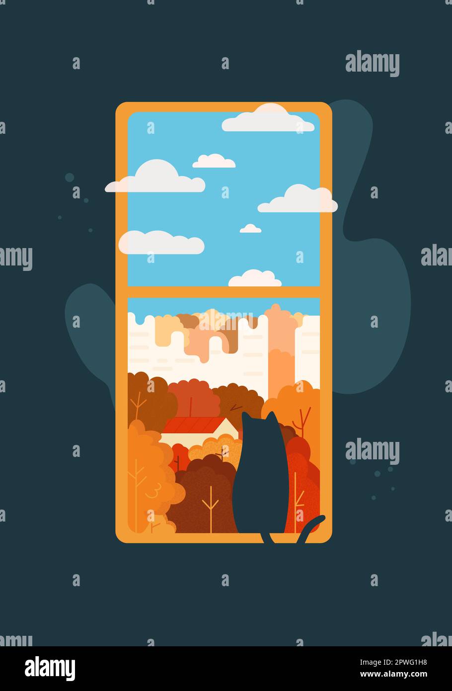 Flachfenster, Katze sitzt auf dem Fensterbrett, Herbstblick, orangefarbene Blätter und Wolken. Wohnkomfort. Vektorbild flach Stock Vektor