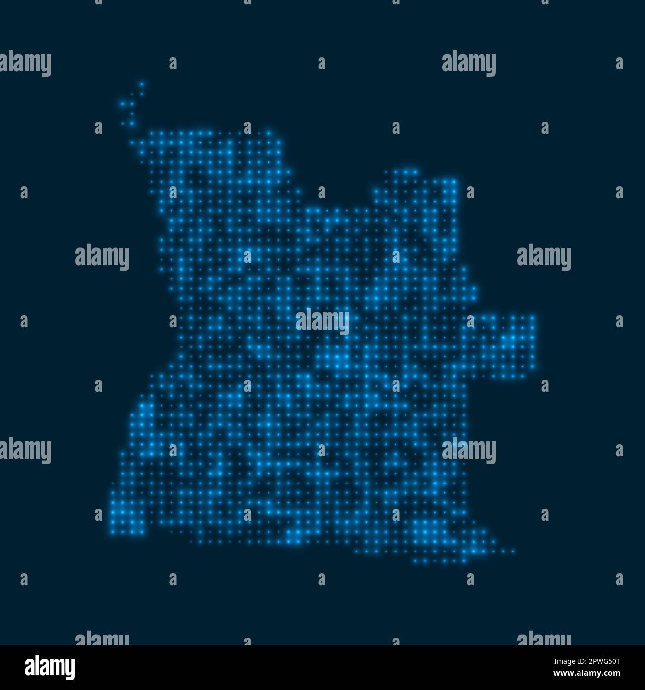 Angola, gepunktete, leuchtende Karte. Form des Landes mit blauen, hellen Lampen. Vektordarstellung. Stock Vektor