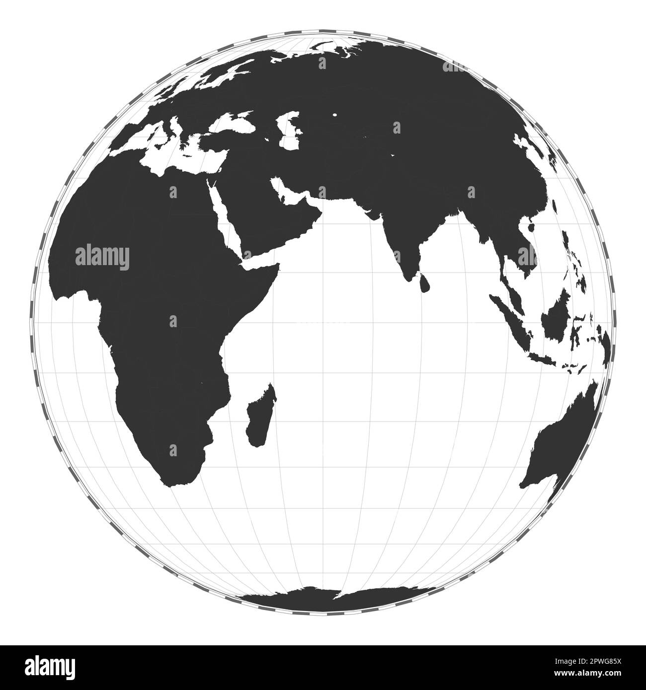 Vector-Weltkarte. Orthographische Projektion. Geografische Karte mit Breiten- und Längengraden. Zentriert auf 60deg W Längengrad. Vektorillus Stock Vektor