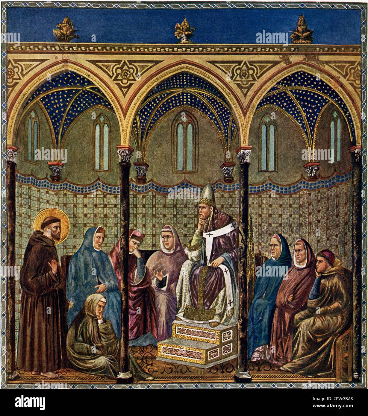 Der Titel von 1906 lautet: "Franziskus von Assisi - Predigt vor Papst Honorius. Ein Fresko von Giotto di Bondone (1266-1336) in der oberen Kirche in Assisi.“ Giotto di Bondone war der wichtigste italienische Maler des 14. Jahrhunderts. Seine Werke zeigen die Innovationen des Renaissance-Stils, der sich ein Jahrhundert später entwickelte. Stockfoto