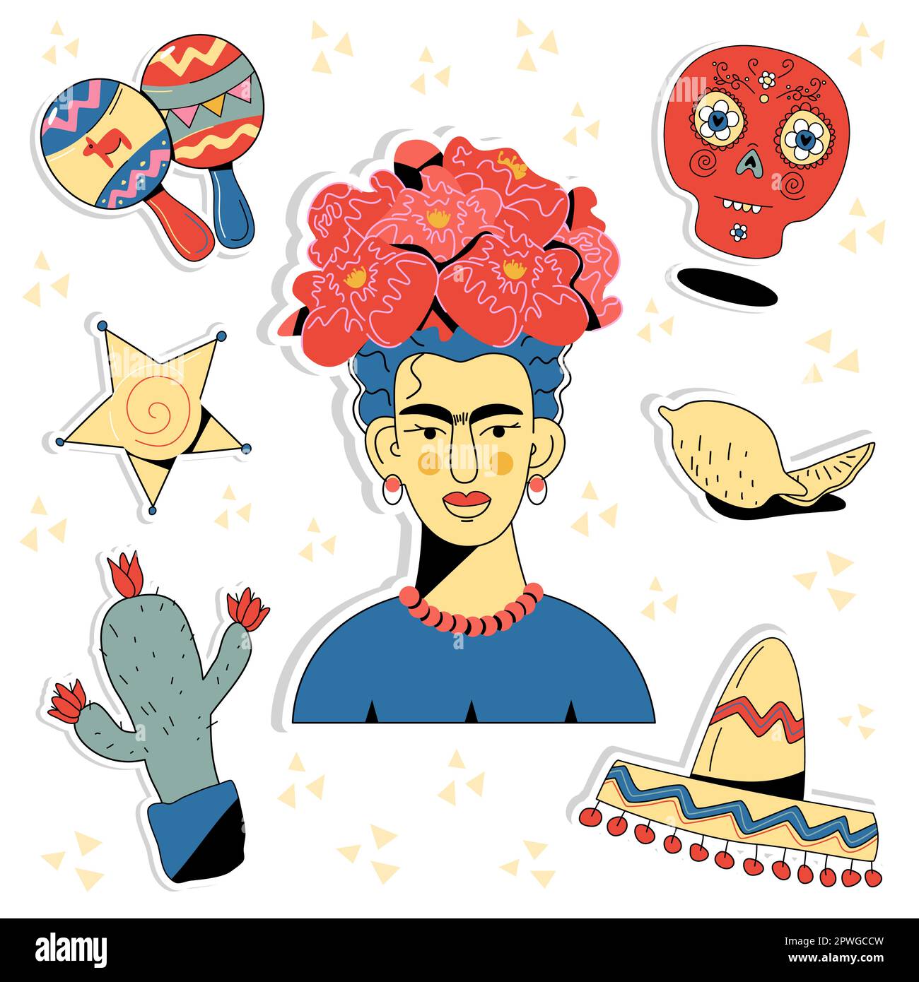 Mexikanische Aufkleber. Ein Satz Vektoraufkleber Mexikanische Frau, Kaktus, Stern, Sombrero, Maracas, Zitrone, calaca Stock Vektor