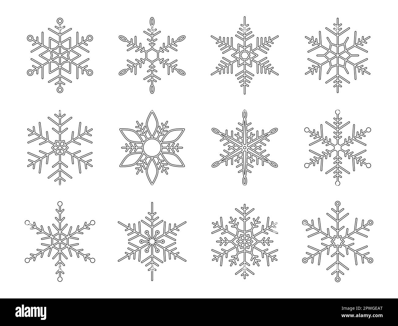 Schneeflocke für Schneedesign. Schwarze Silhouette Schneeflocken isoliert auf weißem Hintergrund. Symbol Einfrieren. Schneeflockensymbol. Eiskristall-Grafik. Clipart (Clipart) Stock Vektor