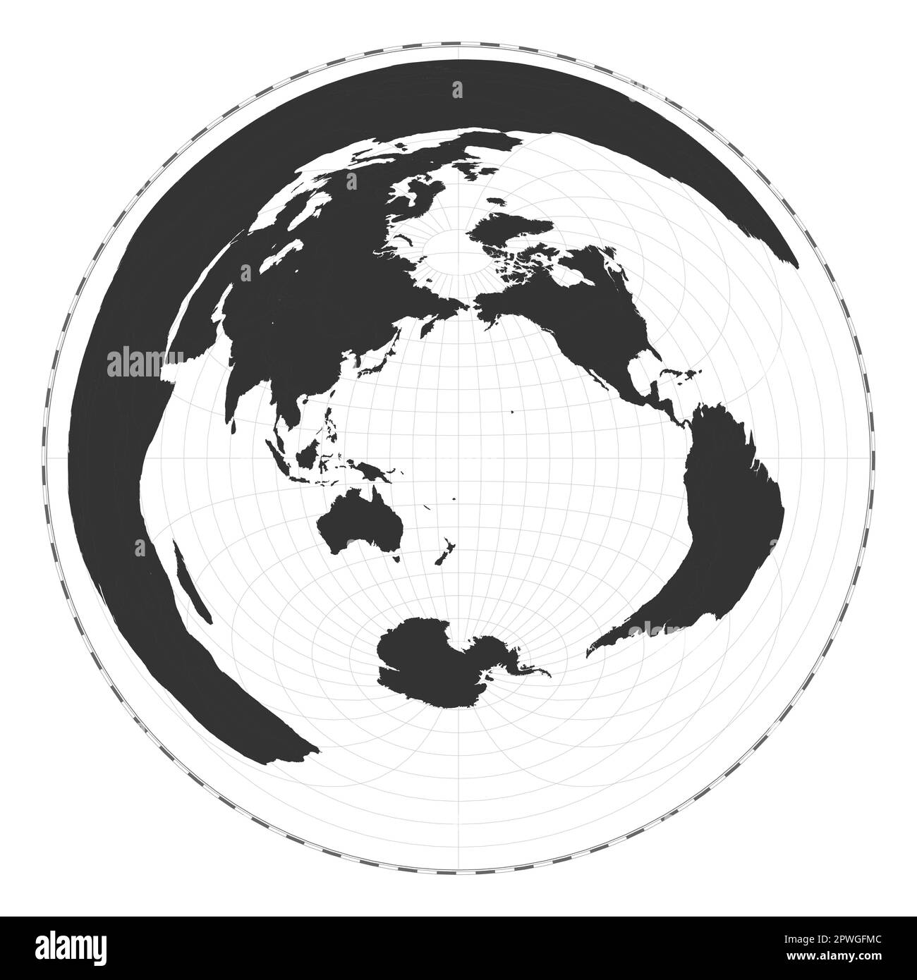 Vector-Weltkarte. Azimutale äquidistante Projektion. Geografische Karte mit Breiten- und Längengraden. Zentriert auf 180deg Längengrad. Vect Stock Vektor