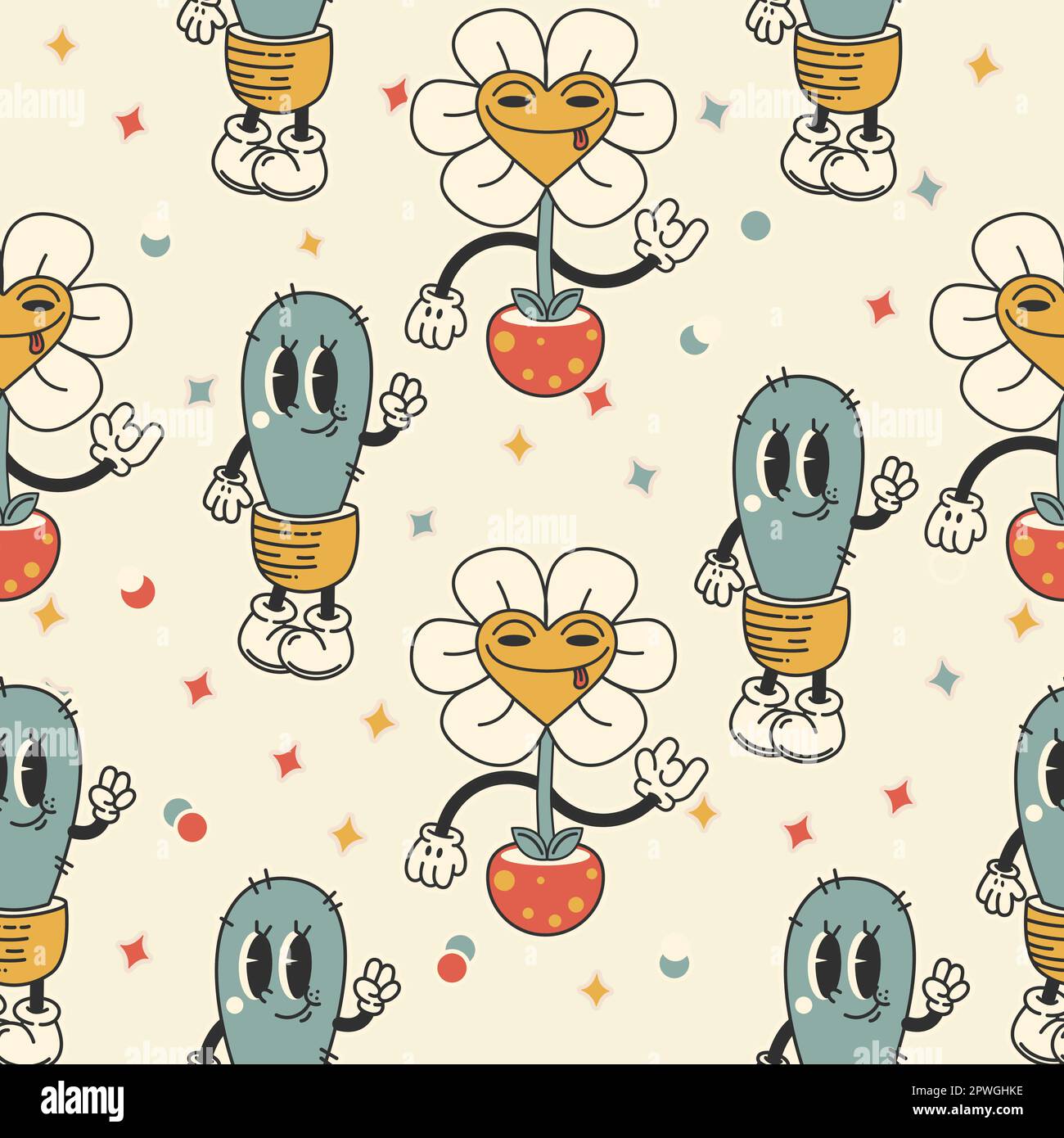 Nahtloses Muster im trendigen Retro-Groovy-Stil, Y2K mit Cartoon-Figuren. Vektorsüßer Kaktus. Flache Abbildung Stock Vektor