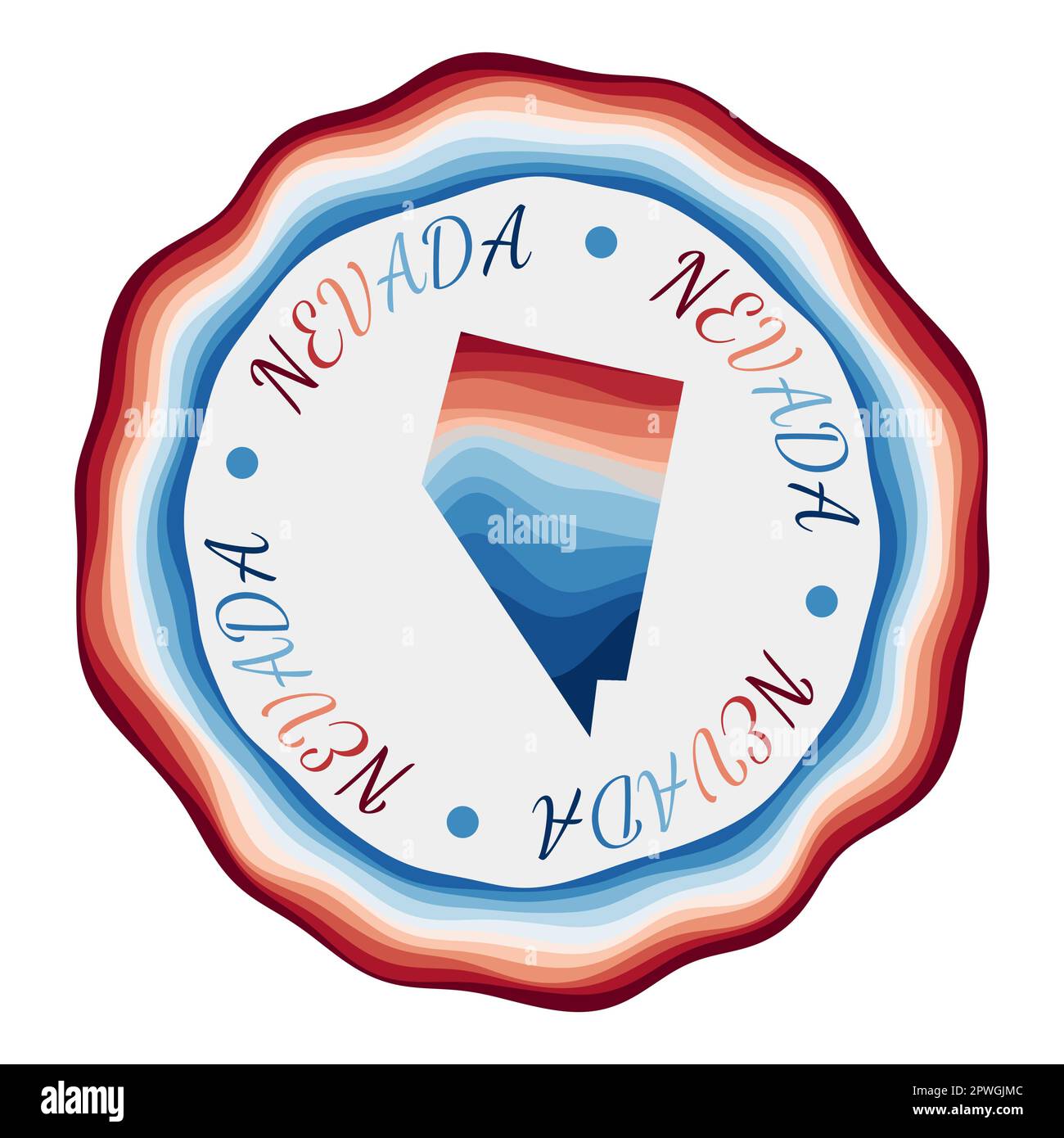 Nevada-Abzeichen. Karte des US-Bundesstaates mit wunderschönen geometrischen Wellen und leuchtend rotem blauem Rahmen. Leuchtendes, rundes Nevada-Logo. Vektordarstellung. Stock Vektor