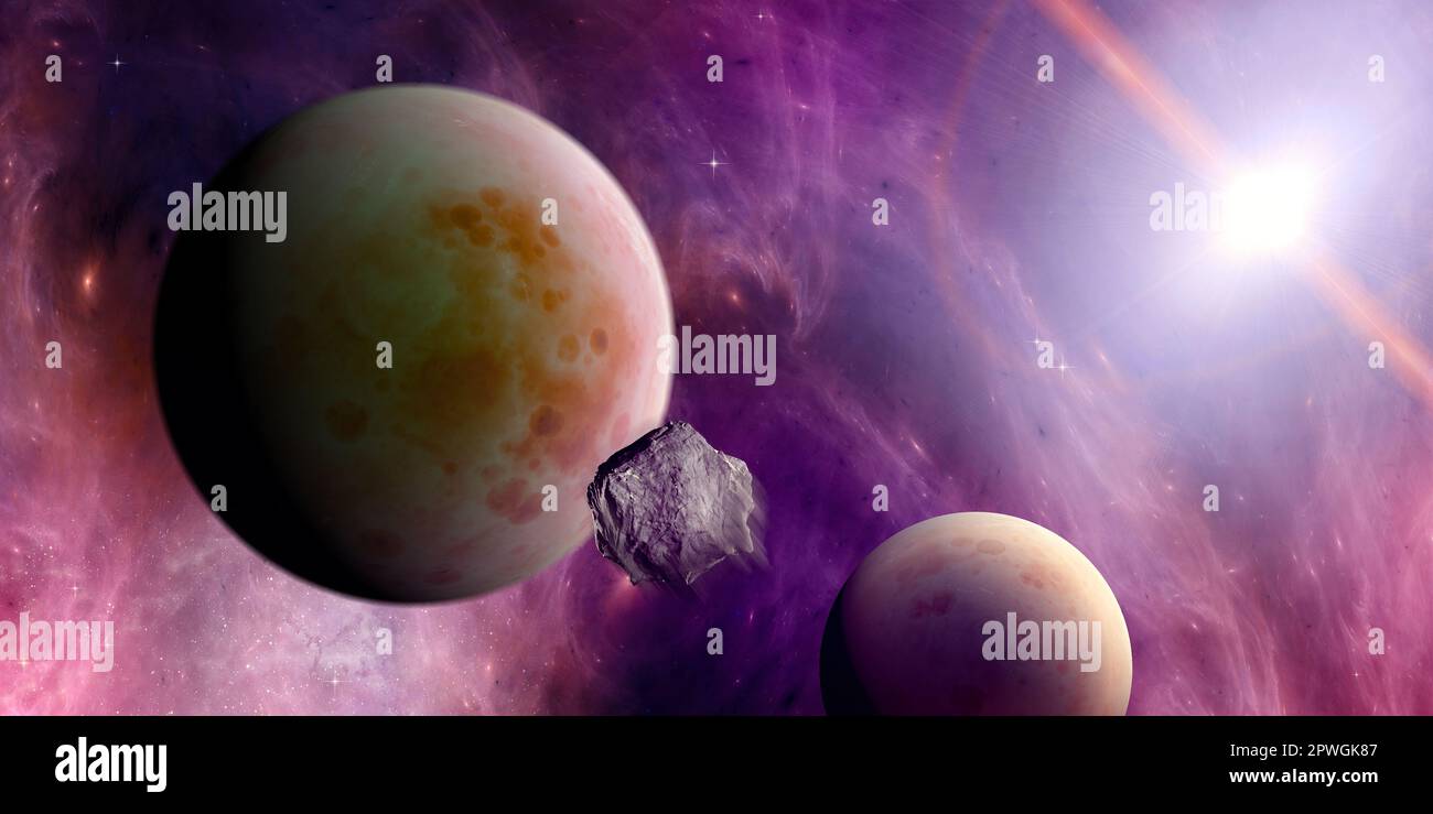 Planeten und Exoplaneten unerforschter Galaxien. Sci-Fi. Neue Welten zu entdecken. Besiedlung und Exploration von Nebeln und Galaxien. Asteroid. 3D Stockfoto