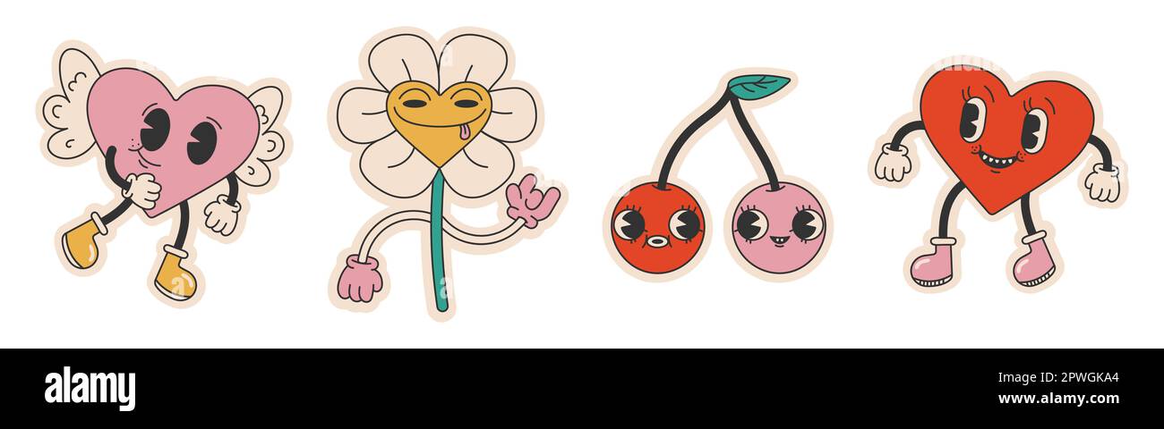 Y2K-Set mit Liebesaufklebern. Retro-Cartoon Valentinstag-Elemente. Herzcharakter im Retro-60s 70s-Stil. Vektordarstellung Stock Vektor
