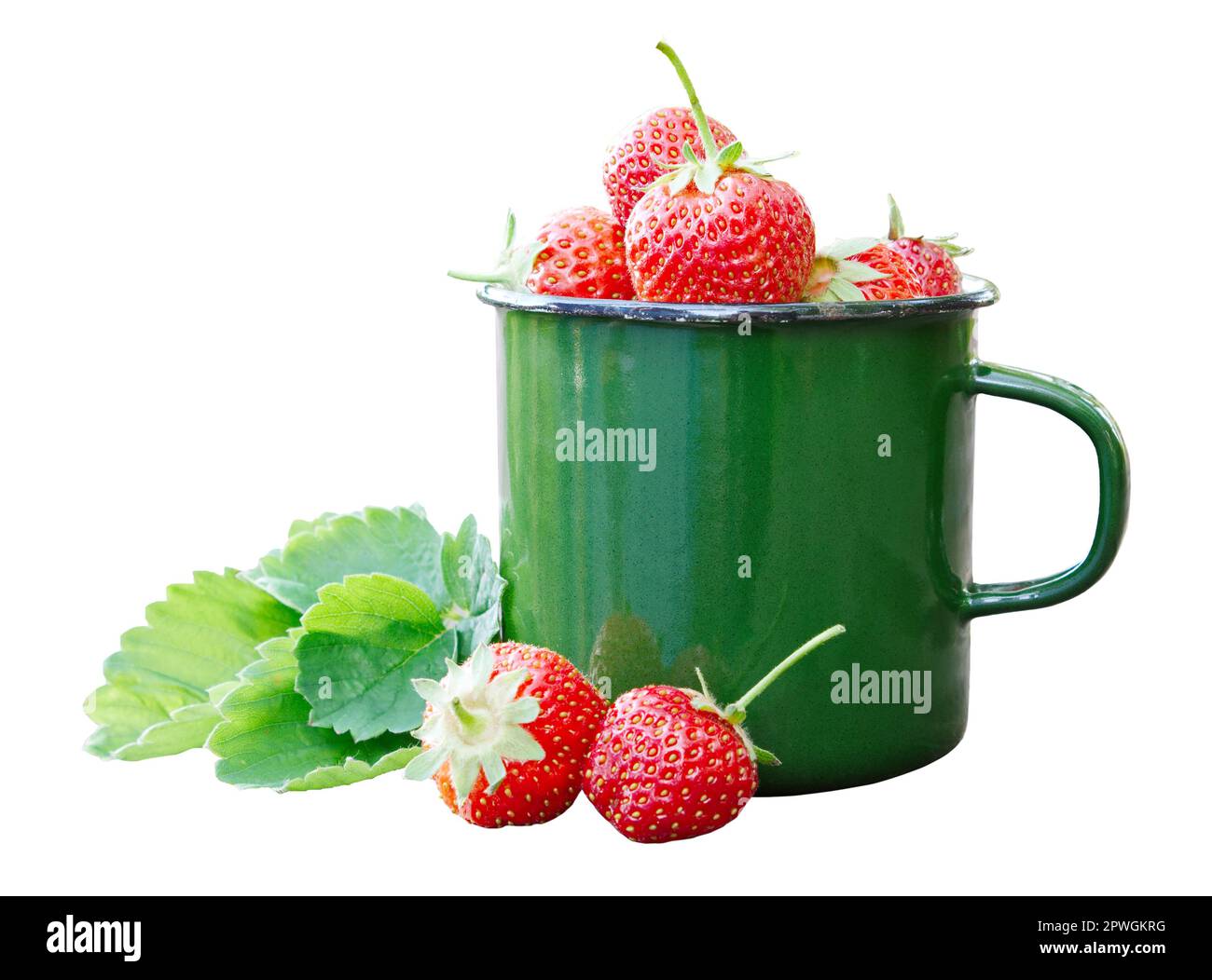 Emaillierte Tasse Erdbeeren und Beeren isoliert. Stockfoto