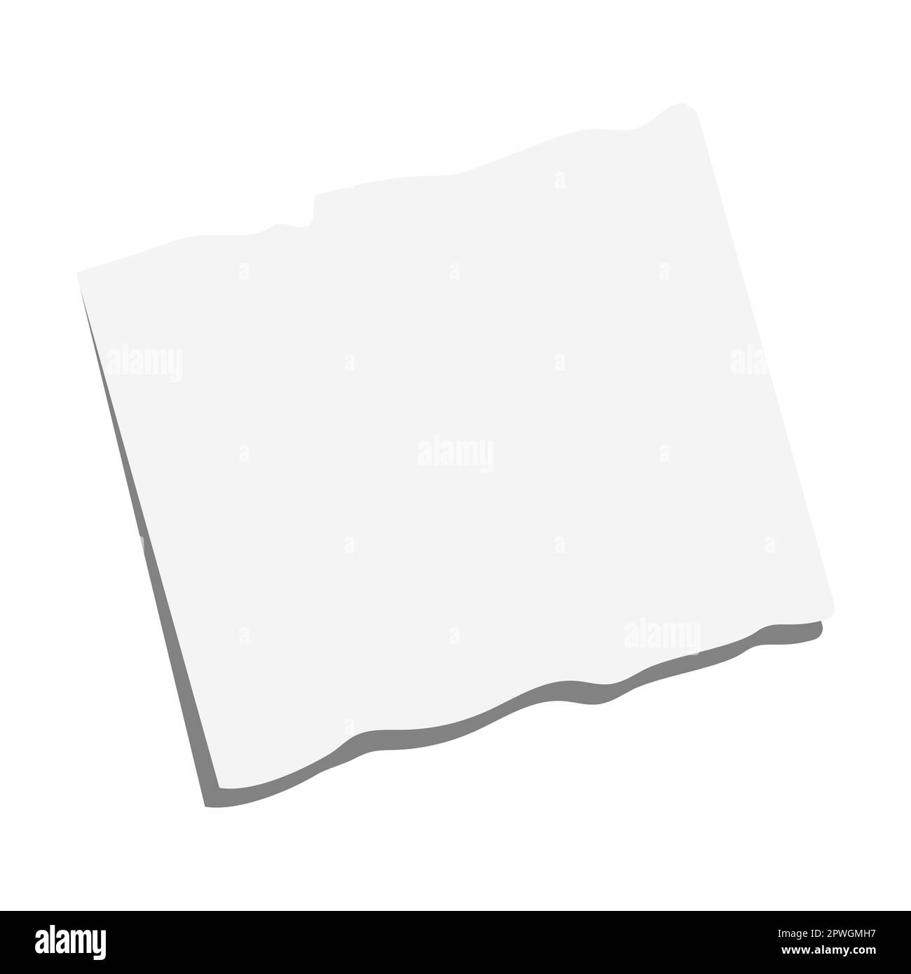 Ein Schrott von weißem Papier-Zeichentrickfilm-Illustration. Zerrissenes, quadratisches Stück Notizbuch. Gerissener, leerer Zettel, isoliert auf weiß Stock Vektor