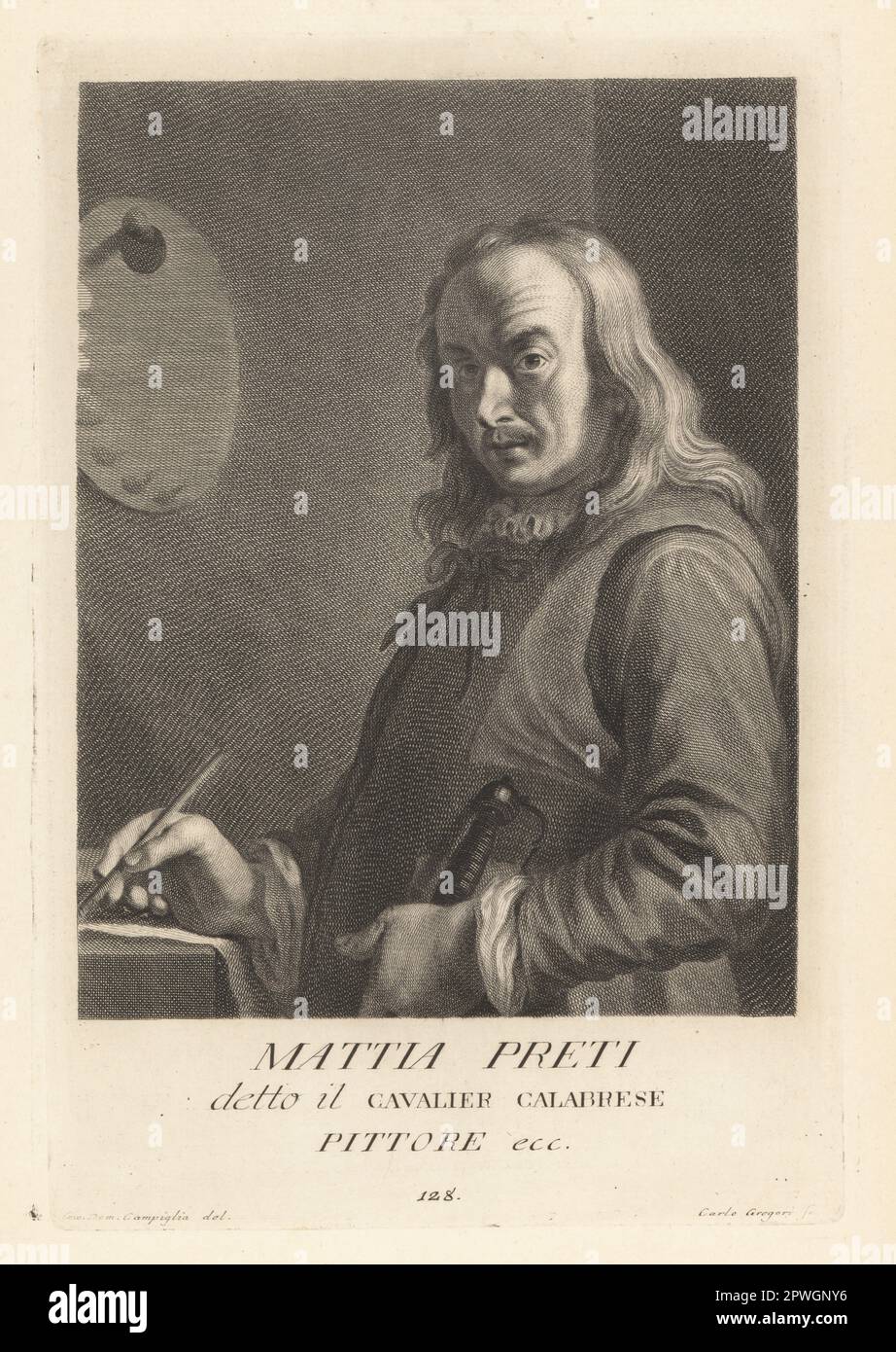 Mattia Preti, italienische barocke Künstlerin, die in Italien und Malta arbeitete, 1613-1699. Selbstporträt mit Stift und Papier, ein Schwert in der linken Hand, eine Ölpalette an der Wand. Detto Il Cavalier Calabrese, Pittore. Kupferplatten-Gravur von Carlo Gregori nach Giovanni Domenico Campiglia nach einem Selbstporträt des Künstlers aus Francesco Moucke's Museo Florentino (Museum Florentinum), Serie di Ritratti de Pittori (Serie von Porträts der Maler) stamperia Mouckiana, Florenz, 1752-62. Stockfoto