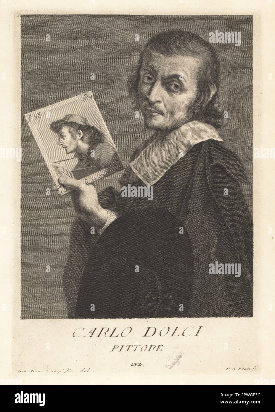Carlo Dolci oder Carlino Dolci, italienischer Barockmaler, 1616-1686. Hauptsächlich aktiv in Florenz, bekannt für hochfertige religiöse Bilder. Selbstporträt mit einem weiteren Selbstporträt mit Bürsten und einer Brille aus dem Jahr 1674. Carlo Dolci, Pittore. Copperplate-Gravur von Pietro Antonio Pazzi nach Giovanni Domenico Campiglia nach einem Selbstportrait des Künstlers aus Francesco Moucke's Museo Florentino (Museum Florentinum), Serie di Ritratti de Pittori (Serie von Maler-Porträts) stamperia Mouckiana, Florenz, 1752-62. Stockfoto