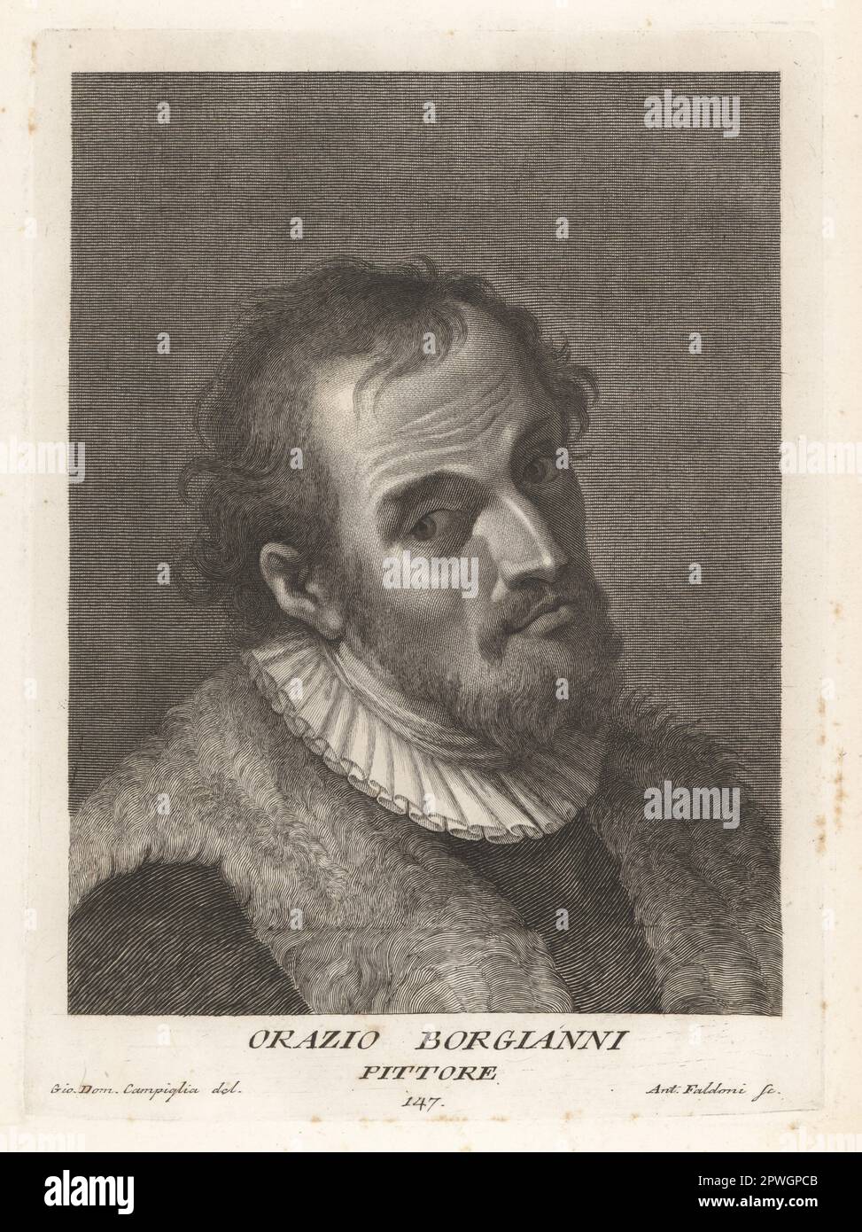 Orazio Borgianni, italienischer Maler und Ätzer des Manneristen und frühen Barocks, 1574-1616. Er arbeitete in Spanien für Philip II. Und für den spanischen Botschafter in Rom. Pittore. Kupferplatten-Gravur von Giovanni Antonio Faldoni nach Giovanni Domenico Campiglia nach einem Selbstporträt des Künstlers aus Francesco Moucke's Museo Florentino (Museum Florentinum), Serie di Ritratti de Pittori (Serie von Porträts der Maler) stamperia Mouckiana, Florenz, 1752-62. Stockfoto