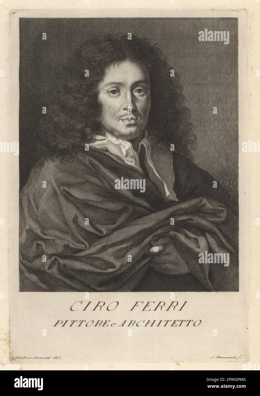 Ciro Ferri, italienischer Barockmaler, Bildhauer und Architekt, 1634-1689. Hauptschüler von Pietro da Cortona, arbeitete für Prinz Borghese, Papst Alexander VII. Und Großherzog Cosmo III Ciro Ferri, Pittore e Architetto. Kupferplatten-Gravur von Silvestre Pomarede nach Giovanni Domenico Campiglia nach einem Selbstporträt des Künstlers aus Francesco Moucke's Museo Florentino (Museum Florentinum), Serie di Ritratti de Pittori (Serie von Maler-Porträts) stamperia Mouckiana, Florenz, 1752-62. Stockfoto