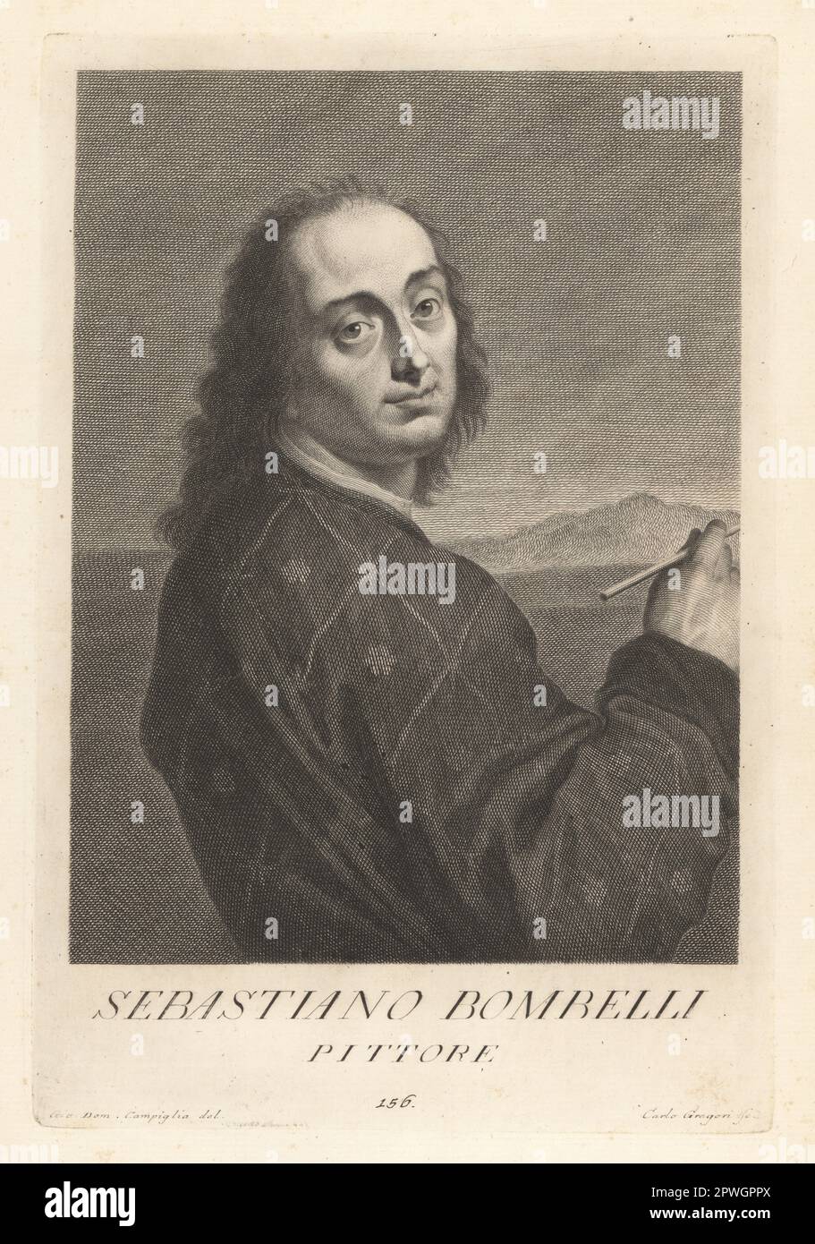 Sebastiano Bombelli, italienischer Maler, hauptsächlich in Venedig aktiv, während der Barockzeit von 1635-1719. Geboren in Udine, malte Geschichtsgemälde und später Porträts für deutsche Königsfamilie. Kupferplatten-Gravur von Carlo Gregori nach Giovanni Domenico Campiglia nach einem Selbstporträt des Künstlers aus Francesco Moucke's Museo Florentino (Museum Florentinum), Serie di Ritratti de Pittori (Serie von Porträts der Maler) stamperia Mouckiana, Florenz, 1752-62. Stockfoto