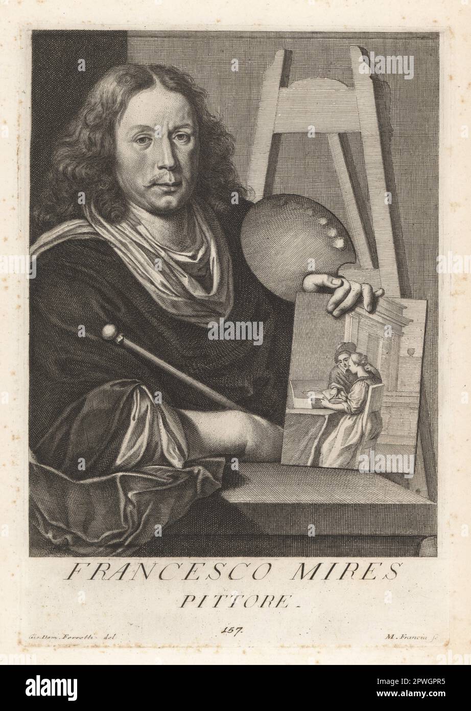 Frans van Mieris der Ältere, holländisches Genre des Goldenen Zeitalters und Porträtmaler, 1635-1681. Mit einem kleinen Gemälde, einer Palette und einem mahl-Stab vor einer Staffelei. Francesco Mires, Pittore. Copperplate-Gravur von Francesco Maria Francia nach Giovanni Domenico Campiglia nach einem Selbstportrait des Künstlers aus Francesco Moucke's Museo Florentino (Museum Florentinum), Serie di Ritratti de Pittori (Serie von Porträts der Maler) stamperia Mouckiana, Florenz, 1752-62. Stockfoto