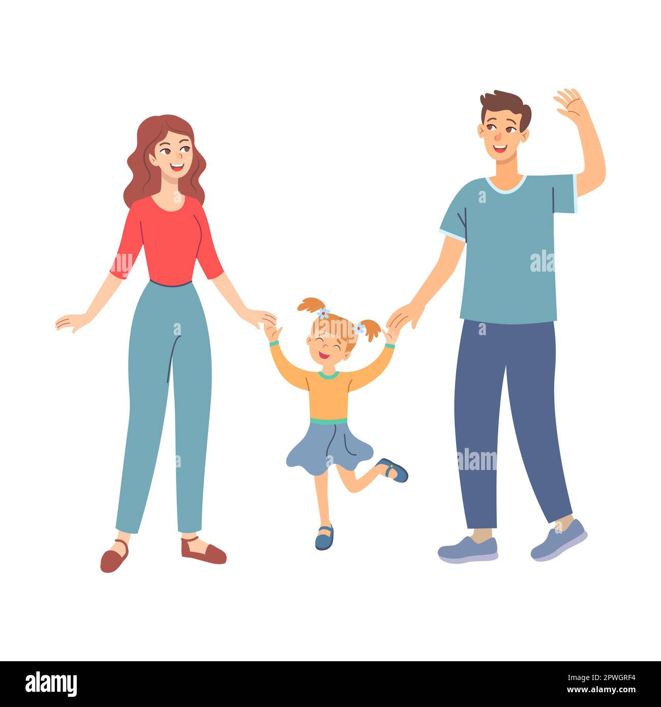 Glückliche Familie, die zusammen geht. Vektordarstellung von Eltern und Kindern, die sich an den Händen halten. Spaß mit der Familie Stock Vektor
