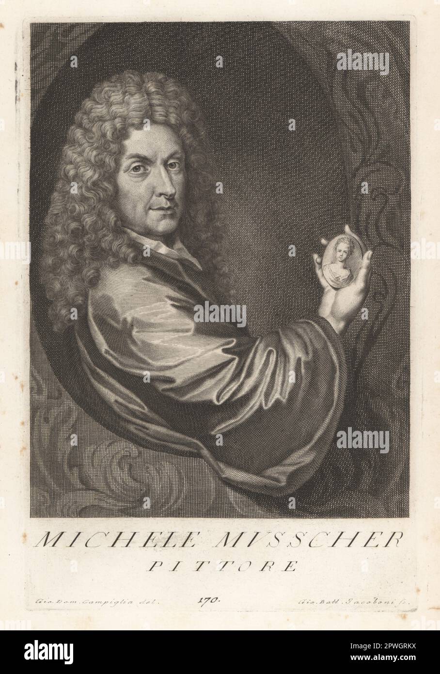 Michiel van Musscher, niederländischer Maler des Goldenen Zeitalters, 1645-1705. In Perücke und Satinmantel mit einem Miniaturporträt. Michele Musscher, Pittore. Kupferplatten-Gravur von Giovanni Battista Jacoboni nach Giovanni Domenico Campiglia nach einem Selbstporträt des Künstlers aus Francesco Moucke's Museo Florentino (Museum Florentinum), Serie di Ritratti de Pittori (Serie von Porträts der Maler) stamperia Mouckiana, Florenz, 1752-62. Stockfoto