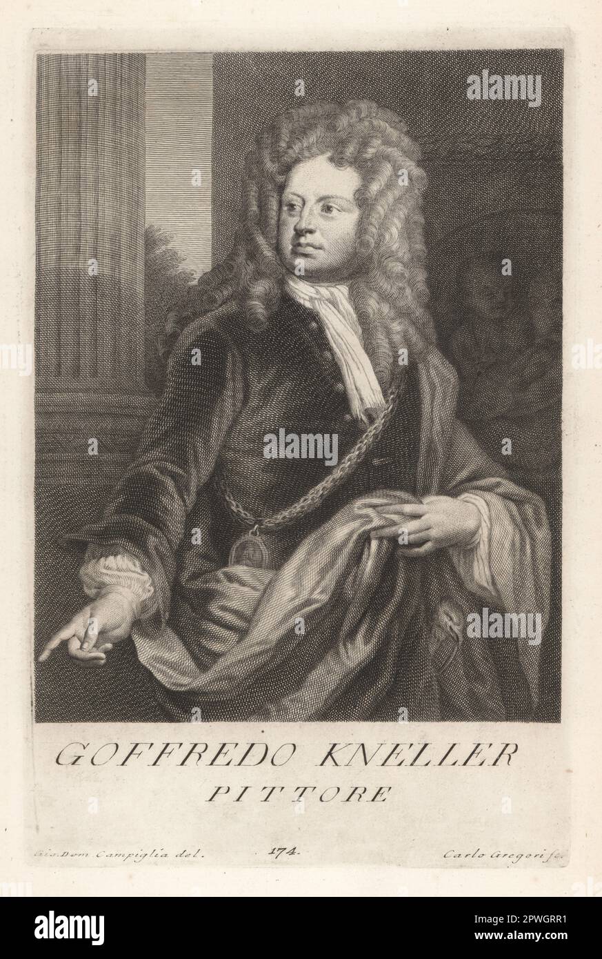 Sir Godfrey Kneller, Baronet 1., geboren Gottfried Kniller in Lübeck, Deutschland, 1646-1723. Der führende Porträtmaler Englands im späten 17. Und frühen 18. Jahrhundert. Er trägt eine Goldkette mit einem Porträtmedaillon von König Wilhelm III Goffredo Kneller, Pittore. Kupferplatten-Gravur von Carlo Gregori nach Giovanni Domenico Campiglia nach einem Selbstporträt des Künstlers aus Francesco Moucke's Museo Florentino (Museum Florentinum), Serie di Ritratti de Pittori (Serie von Porträts der Maler) stamperia Mouckiana, Florenz, 1752-62. Stockfoto