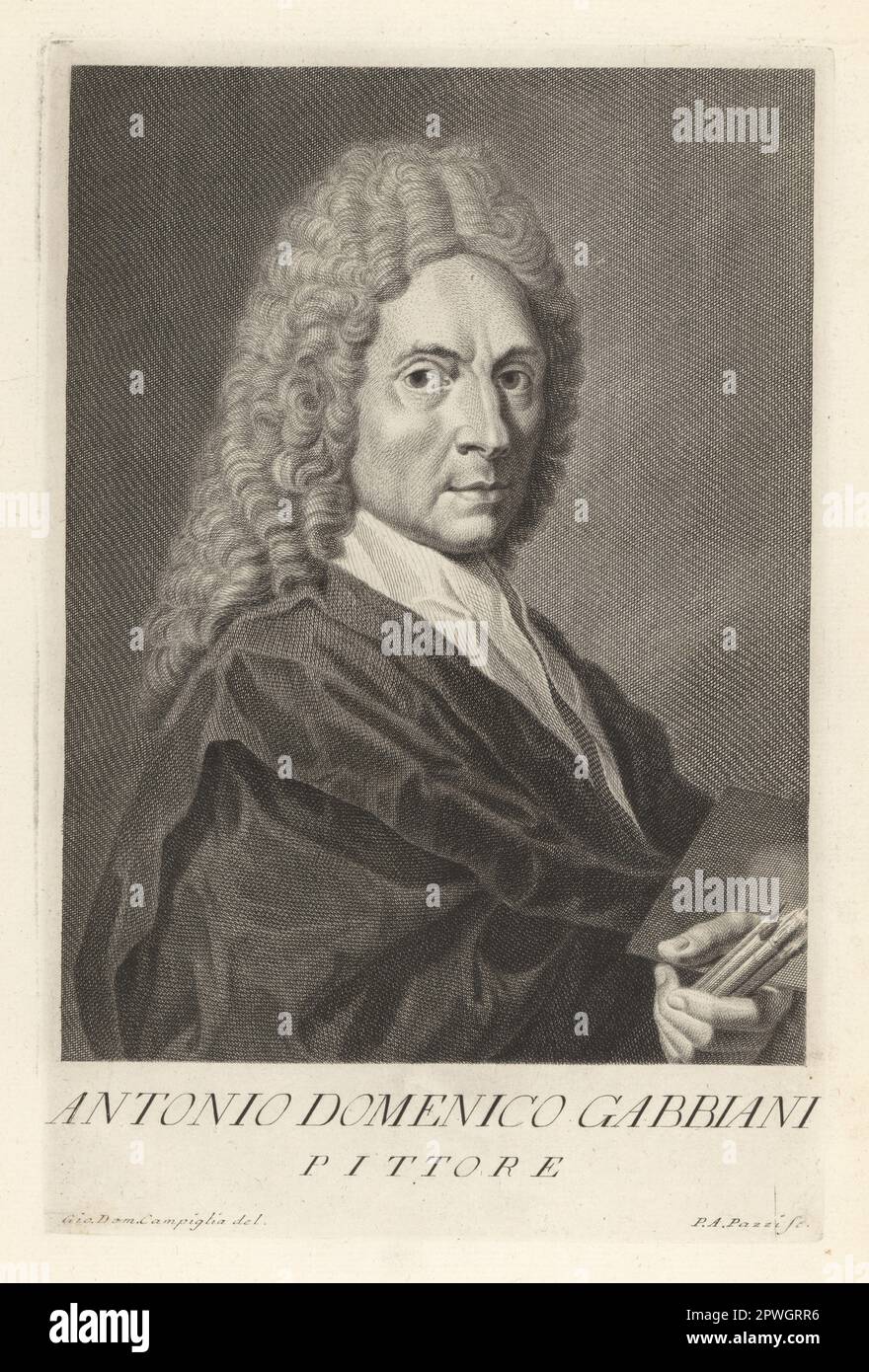 Anton Domenico Gabbiani, italienischer Maler im späten Barockstil, 1652-1726. In Perückenpulver mit Farbbürsten und Farbpalette. Antonio Domenico Gabbiani, Pittore. Copperplate-Gravur von Pietro Antonio Pazzi nach Giovanni Domenico Campiglia nach einem Selbstportrait des Künstlers aus Francesco Moucke's Museo Florentino (Museum Florentinum), Serie di Ritratti de Pittori (Serie von Maler-Porträts) stamperia Mouckiana, Florenz, 1752-62. Stockfoto