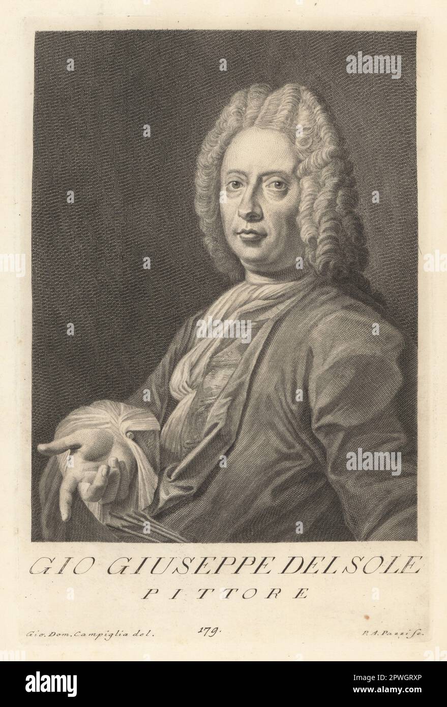 Giovanni Gioseffo dal Sole, italienischer Maler und Gravierer aus Bologna, 1654-1719. Aktiv im späten Barock. In Perücke, Weste und Mantel, mit Farbbürsten. Gio. Giuseppe del Sole, Pittore. Copperplate-Gravur von Pietro Antonio Pazzi nach Giovanni Domenico Campiglia nach einem Selbstportrait des Künstlers aus Francesco Moucke's Museo Florentino (Museum Florentinum), Serie di Ritratti de Pittori (Serie von Maler-Porträts) stamperia Mouckiana, Florenz, 1752-62. Stockfoto