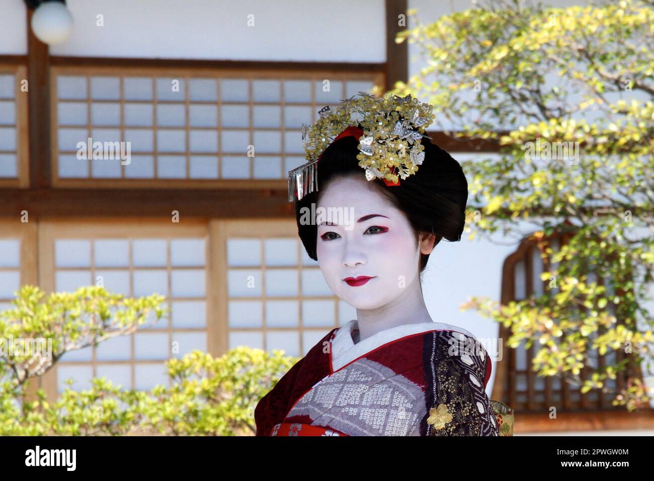 Nahaufnahme eines wunderschönen jungen Maiko, Lehrling Geisha. Sie trägt den traditionellen Kimono auf einer Higashiyama-Straße in Kyoto, Japan. Stockfoto