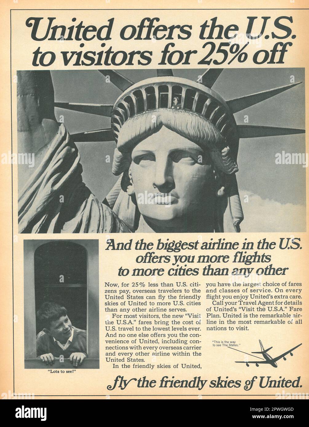 United Airline - Visit U.S.A. Werbung in einem LIFE Magazin April 1967, Atlantic Edition Stockfoto