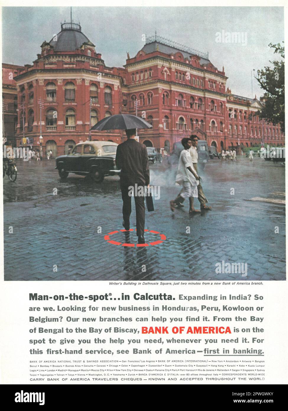 Reisen der Bank of America, ausländische Niederlassungen, Anzeige in einem LIFE Magazin April 1967, Atlantic Edition Stockfoto