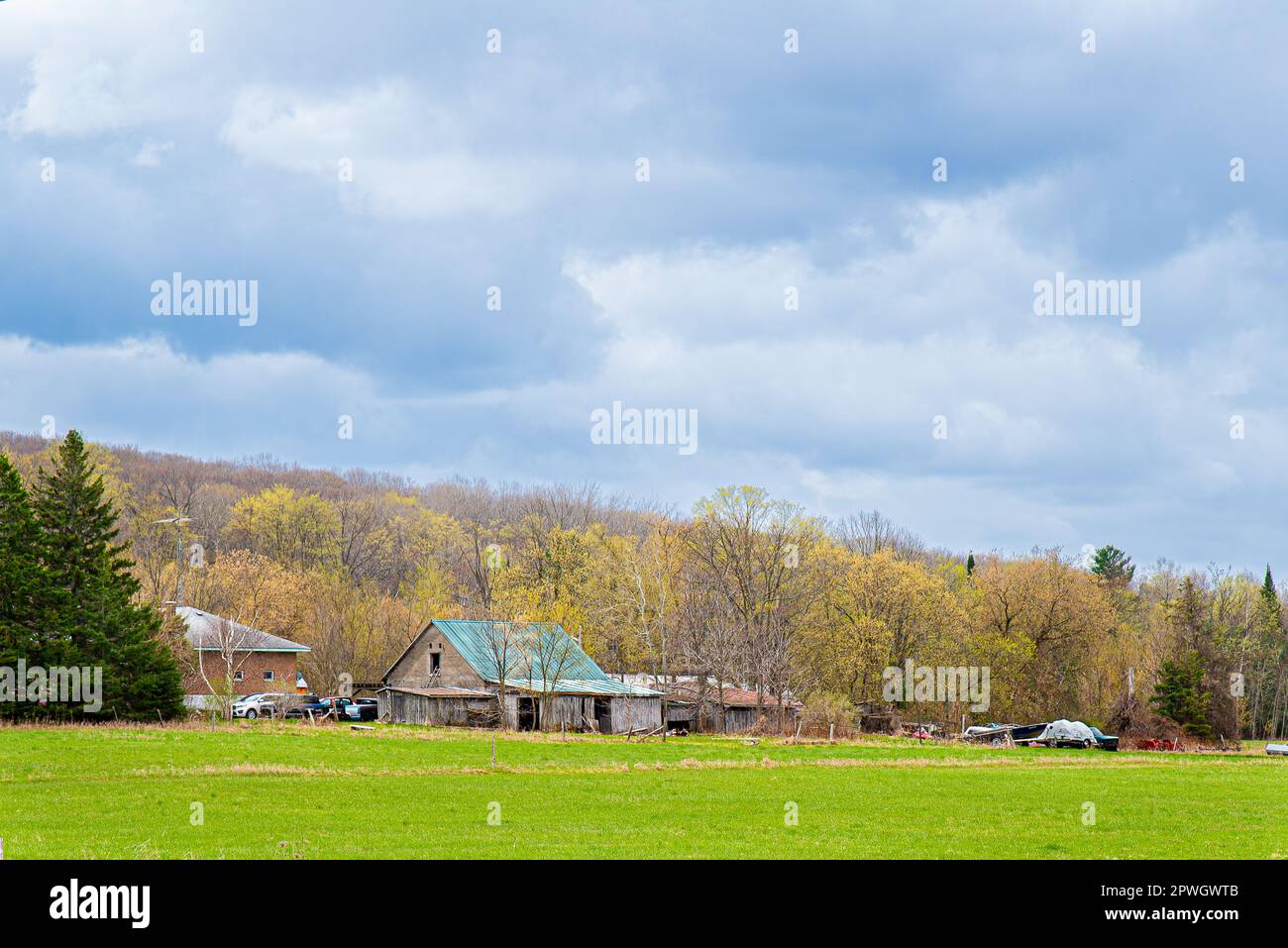 Eine Farm in Kanada inmitten von Hügeln und Wäldern. Grünes Gras und Bäume. Die Atmosphäre des nahenden Frühlings. Stockfoto Eine Farm in Kanada inmitten von Hügeln und Wäldern. Grünes Gras und Bäume. Die Atmosphäre des nahenden Frühlings. Stockfoto